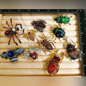 Lot of 10 Vintage Style Insect Brooches Rhinestone Enamel Beetle Spider Bee Pin